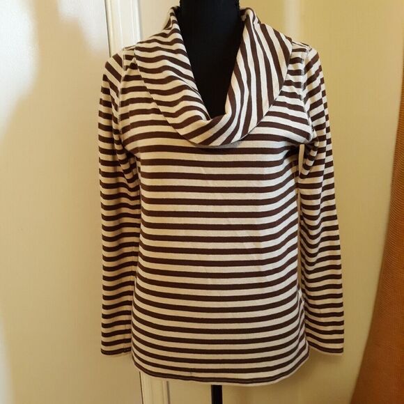 TOMMY HILFIGER Women's Cowl Neck Long Sleeve Shirt Brown/Beige Stripes Size Med - Picture 1 of 7